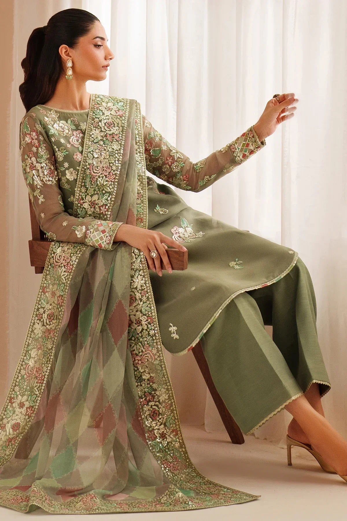 Designer Suit Olive Dazzle  3-Piece Formal Suit Ready To Wear